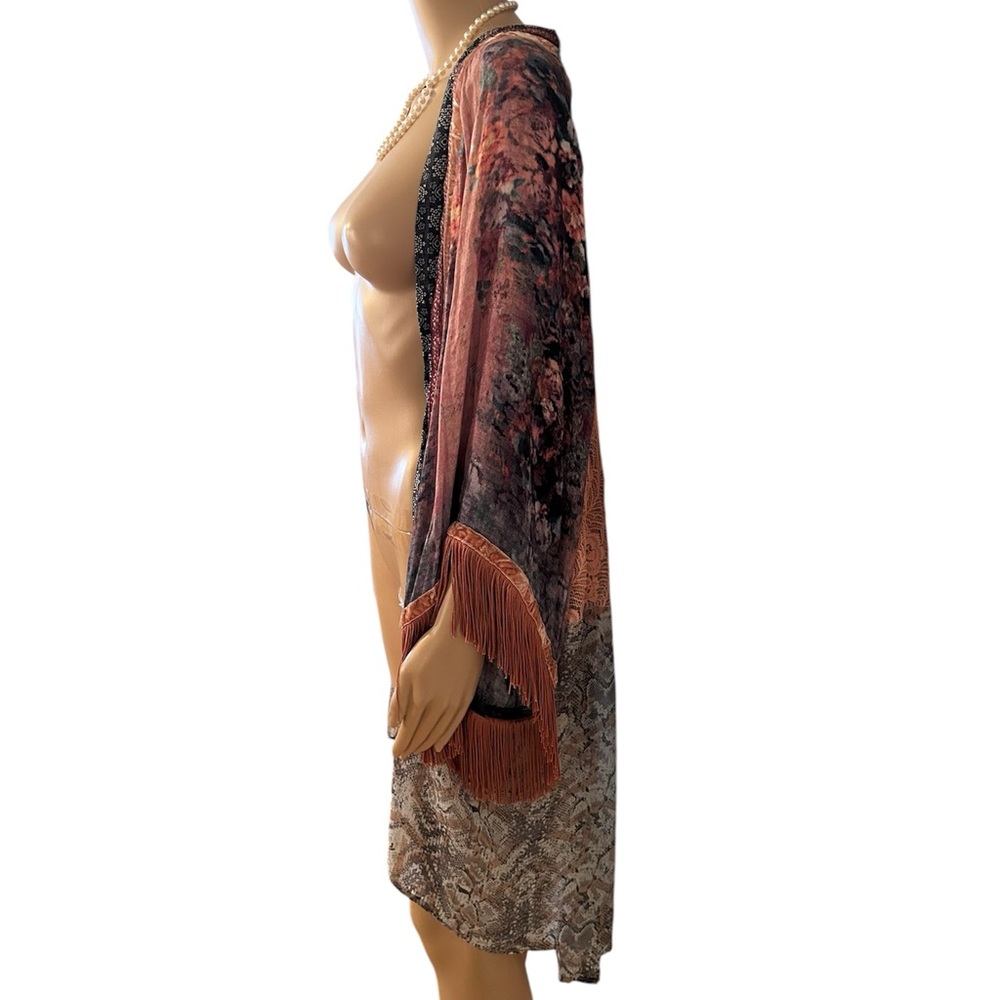 Ivy Jane Women’s Size Large Multicolor Pink Floral Long Cardigan Fringe Top - Picture 4 of 11